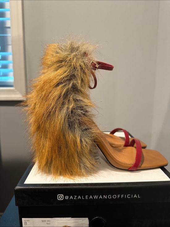 Azalea Wang Shoes - Azalea Wang Red Strap Faux Fur-Trim High Heel Sandals